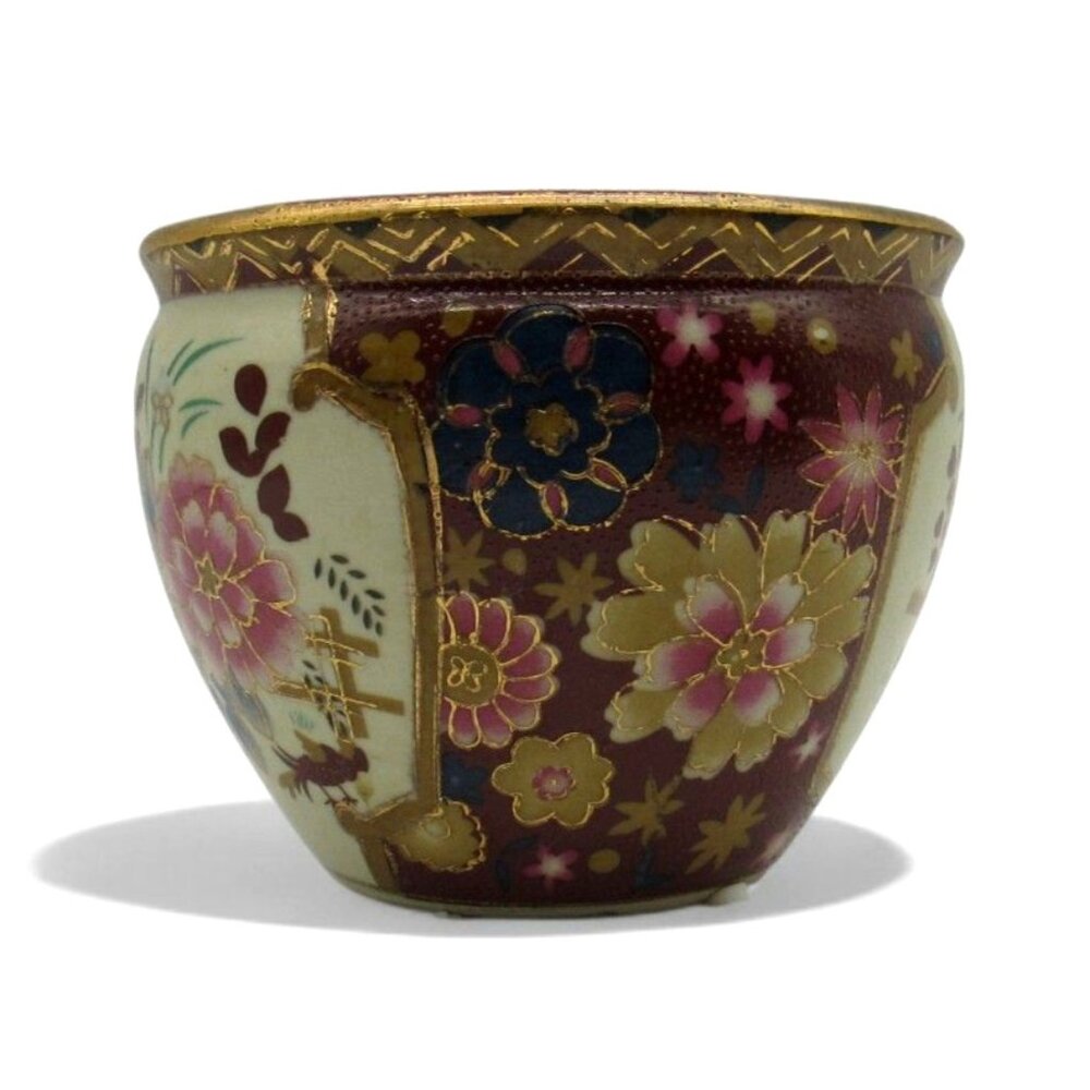 MING DYNASTY Ceramic Fish Bowl Pot Birds Floral Gold Accents 4 inches